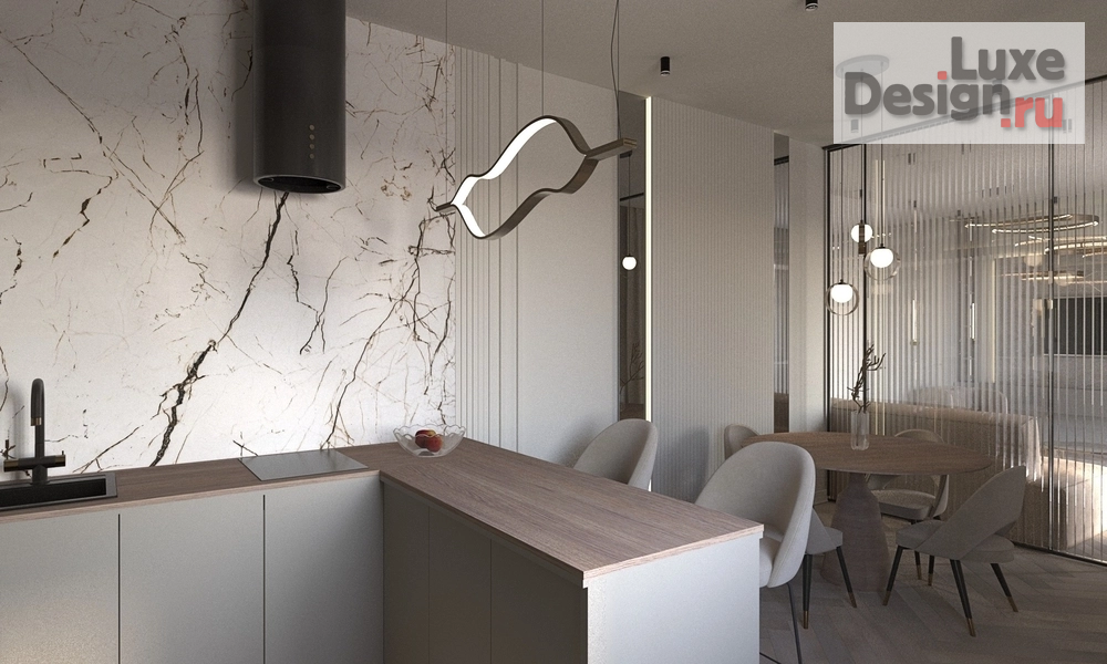 Дизайн интерьера трехкомнатной квартиры "Дизайн проект кухни гостиной в бежевом цвете" (фото 7)