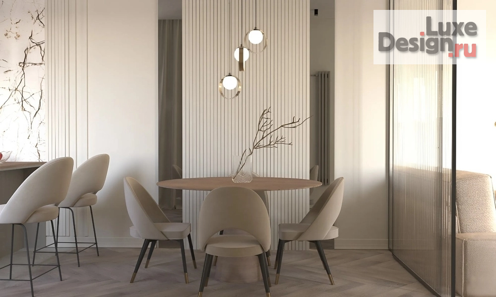 Дизайн интерьера трехкомнатной квартиры "Дизайн проект кухни гостиной в бежевом цвете" (фото 2)