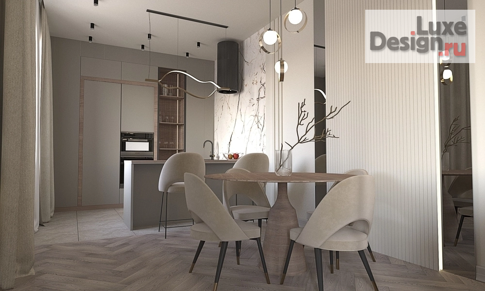Дизайн интерьера трехкомнатной квартиры "Дизайн проект кухни гостиной в бежевом цвете" (фото 1)