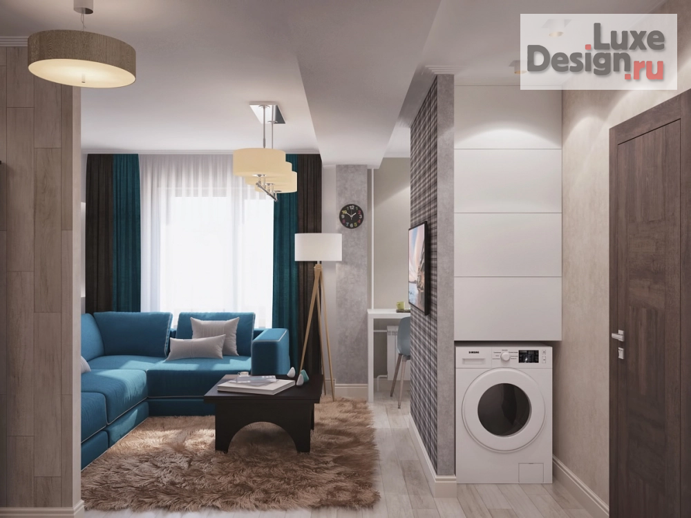 Дизайн интерьера трехкомнатной квартиры "голубой диван и американская клетка" (фото 1)