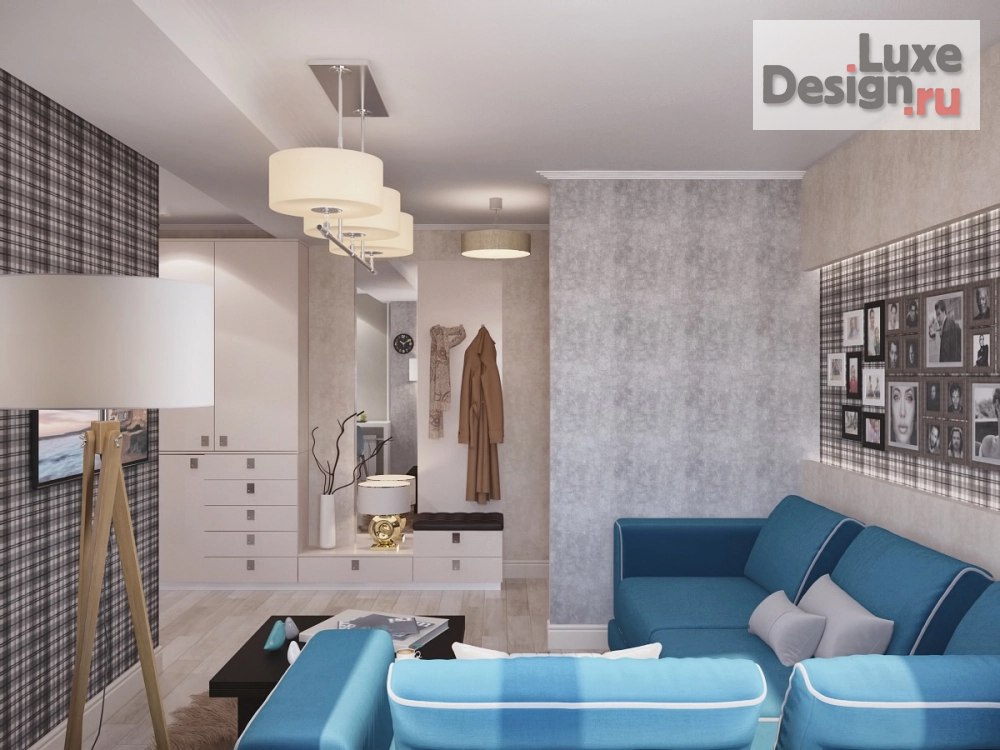 Дизайн интерьера трехкомнатной квартиры "голубой диван и американская клетка" (фото 3)