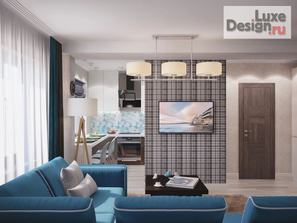 Дизайн интерьера трехкомнатной квартиры "голубой диван и американская клетка" (фото 4)