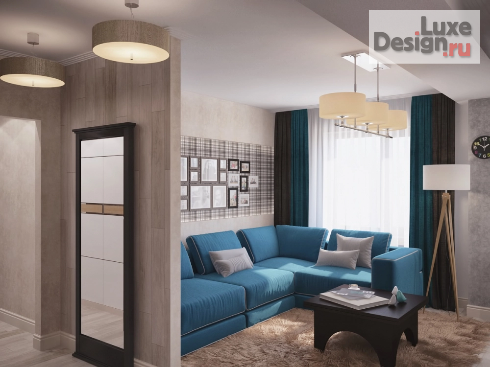 Дизайн интерьера трехкомнатной квартиры "голубой диван и американская клетка" (фото 5)