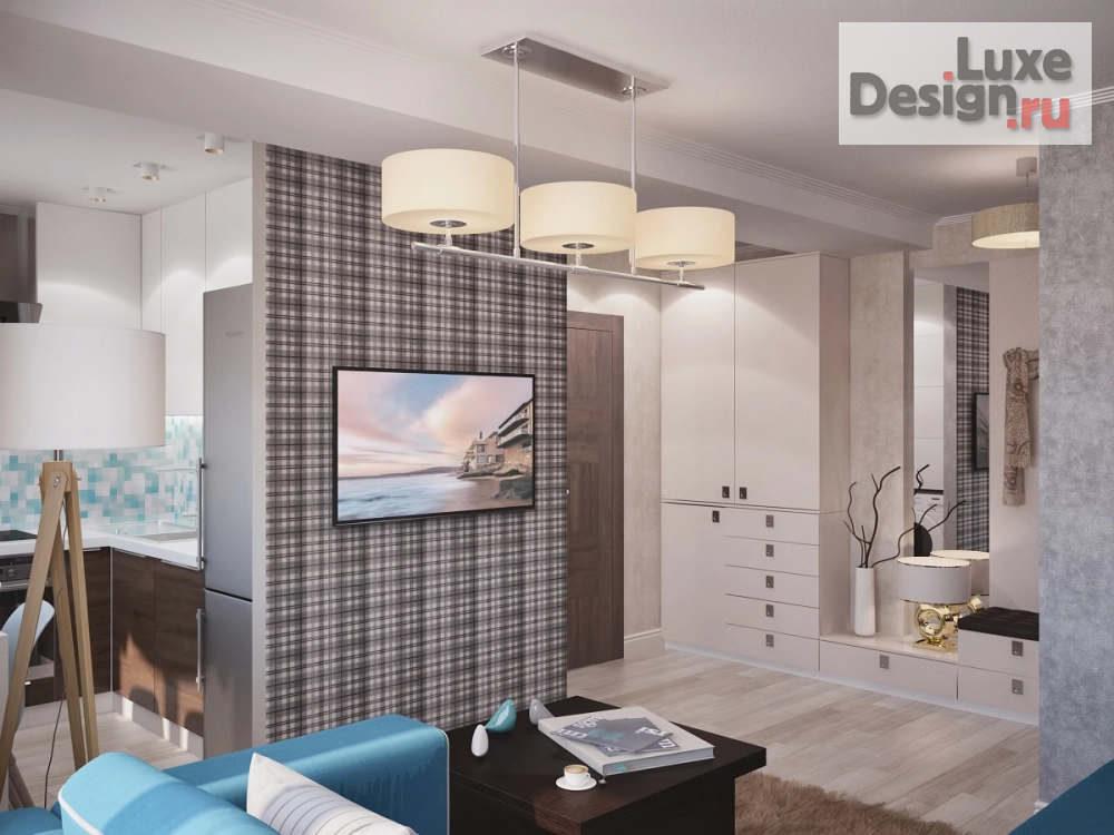 Дизайн интерьера трехкомнатной квартиры "голубой диван и американская клетка" (фото 6)